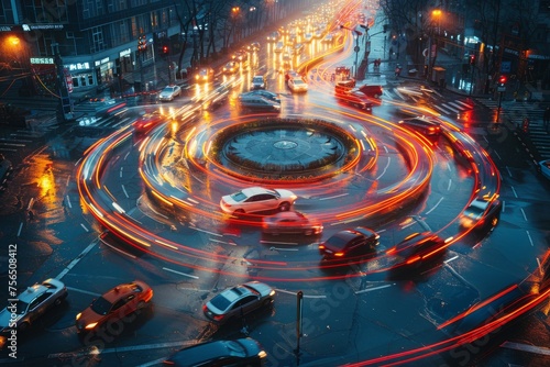 Long exposure shot of a roundabout with light trails from moving vehicles at night, depicting the city's pulsating energy