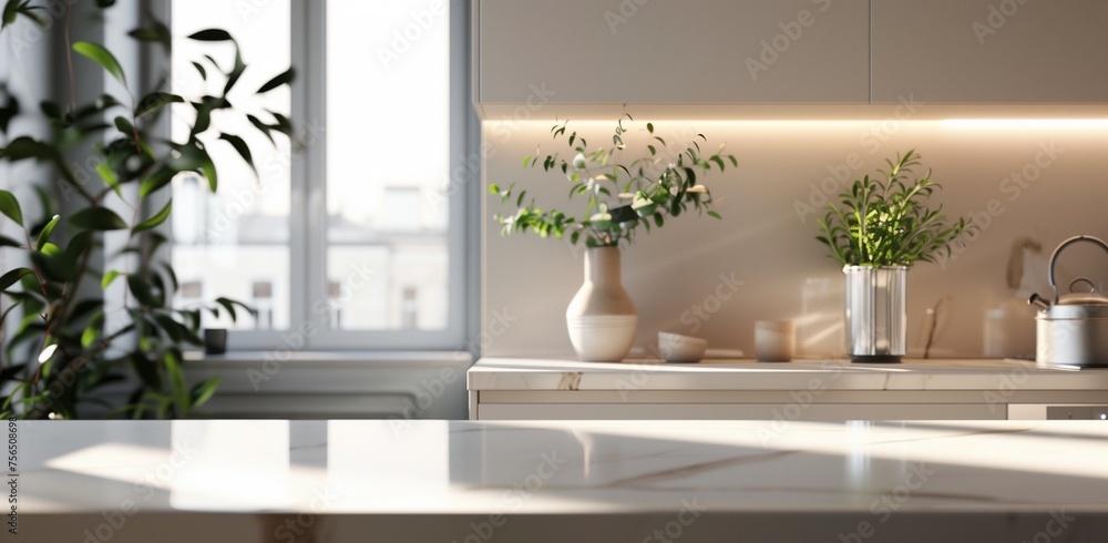 Empty Beautiful table top and blur bokeh modern kitchen interior background in clean and bright, Ready for product montage Empty Beautiful table top and blur bokeh modern kitchen interior background in clean and bright, Ready for product montage