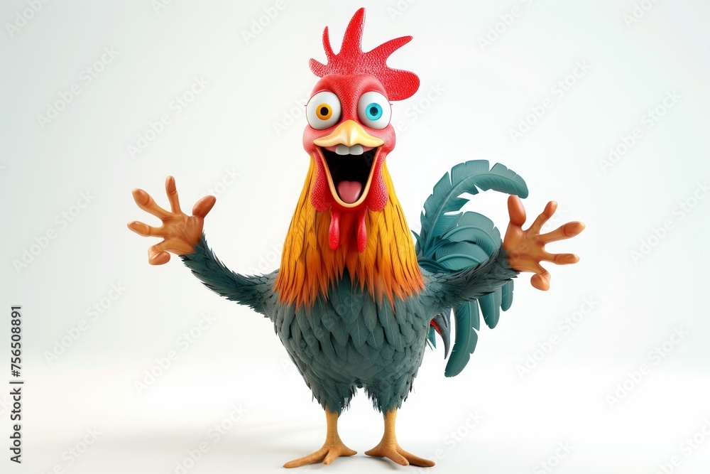 The rooster is isolated on a white background. 3d illustration
