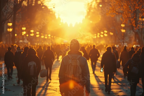 A single figure is silhouetted against a backdrop of a golden sunset, walking along an urban path lined with trees and streetlights