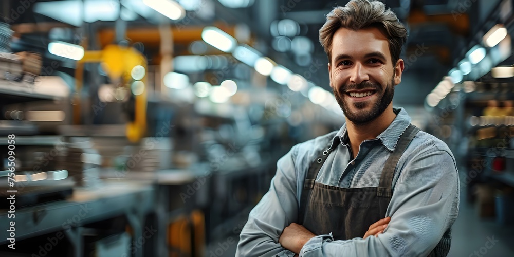 Male technician smiling in a futuristic factory with advanced equipment and technology. Concept Technology, Factory, Technician, Smiling, Futuristic Male technician smiling in a futuristic factory with advanced equipment and technology. Concept Technology, Factory, Technician, Smiling, Futuristic