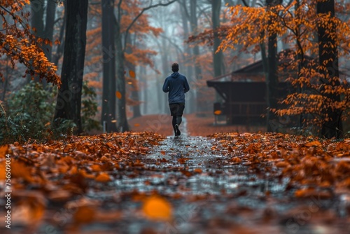 A lone individual runs down a misty, orange-leafed road, creating a scene of solitude, focus, and the pursuit of personal goals