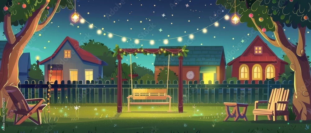 Garden at night with furniture and fence. Modern cartoon illustration of a suburban street with houses, a swing decorated with garland lights, a wooden chair, and a table under a dark starry sky.