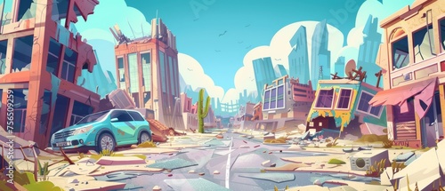 Destroyed demolished buildings, cars, and roads in an abandoned cityscape. Cartoon modern apocalyptic scene showing devastation from war or earthquake. © Mark