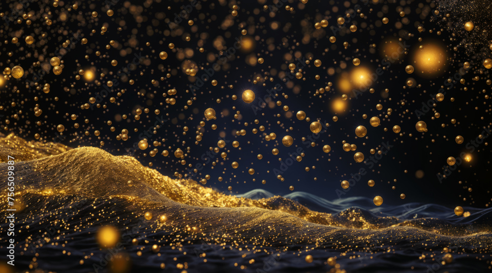 Abstract background with blue waves and golden spheres - obrazy, fototapety, plakaty 