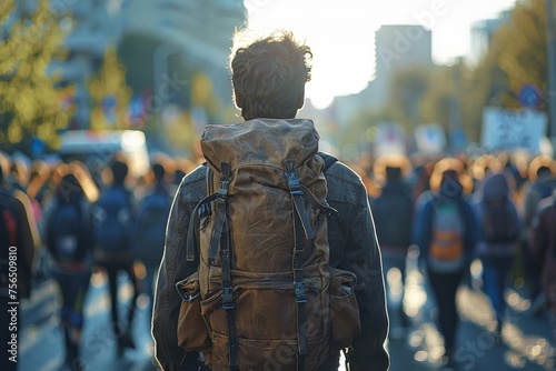 A young man with a leather backpack stands observing a crowd of people in a city environment, possibly at a protest or event