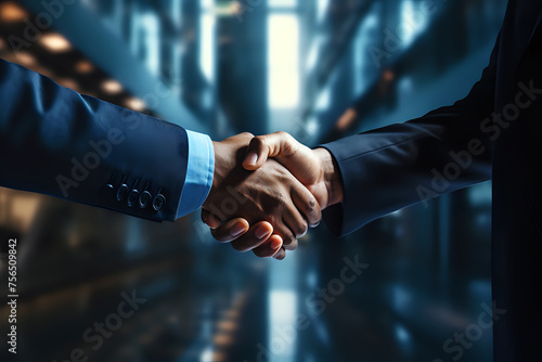 Professional Handshake Against Blurred Corporate Background.A firm handshake between professionals in front of a blurred cityscape represents partnerships, agreements, and trust in the business 