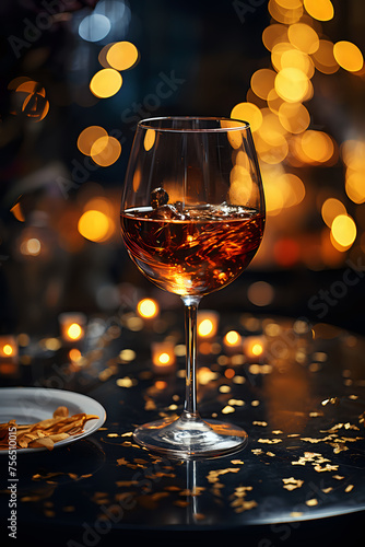 Intimate Celebration with Rosé Wine and Golden Glitter. An elegant glass of rosé wine amidst golden bokeh lights and confetti, perfect for intimate celebrations and special occasions.