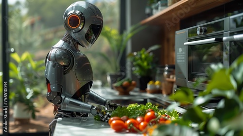 A high-tech robot with a humanoid head and torso using its precise mechanical hands to prepare a fresh salad in a sleek, sunlit modern kitchen, highlighting the blend of technology and home cooking