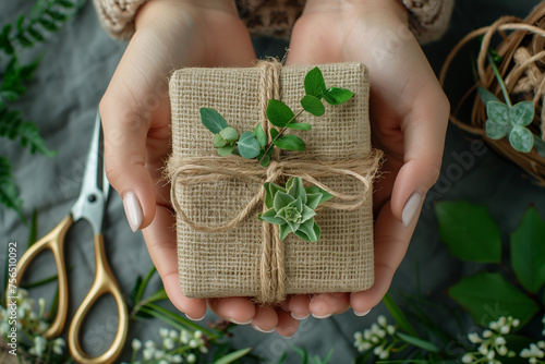 Gift box with herbal elements and golden ribbon in woman's hands, boho eco style