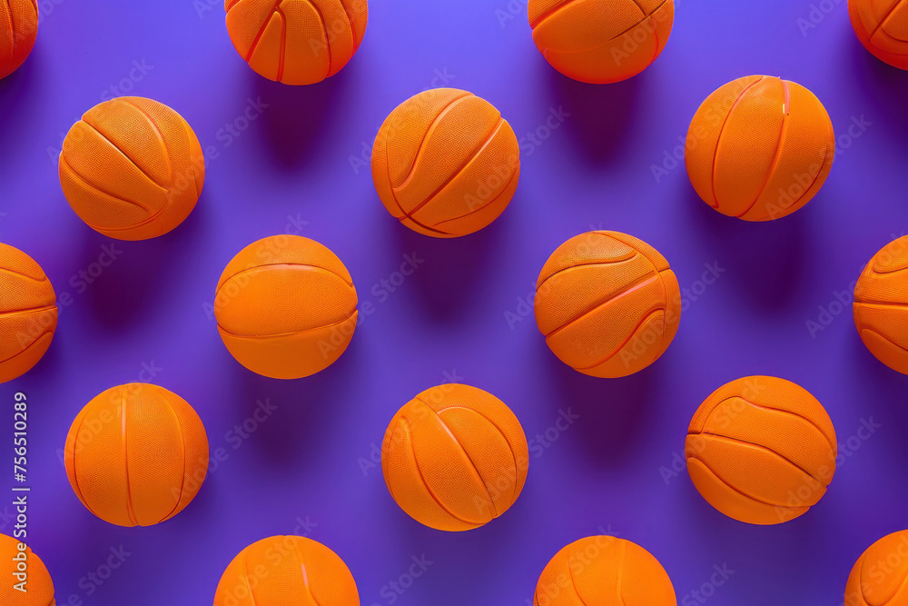 Pattern of arranged orange basketballs with basketball text on purple background sports equipment concept