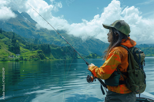 A woman standing on a boat, with a lake and a mountain in the background, holding a fishing rod and catching a fish, with her eyes closed and a satisfied expression on her face