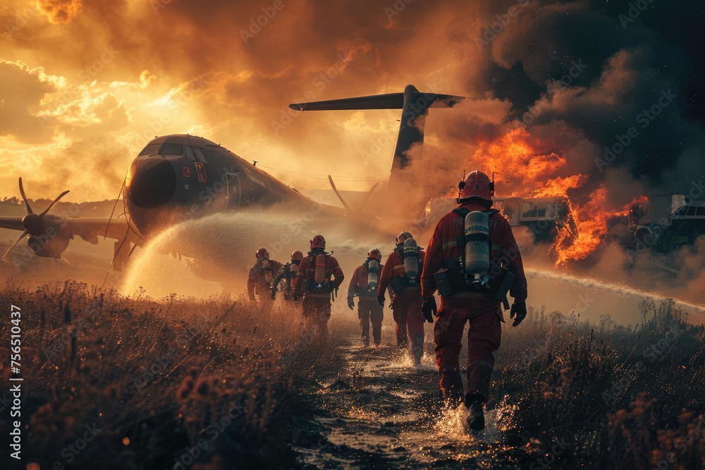 Firefighters extinguish a burning airplane after an emergency field ...