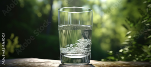 fresh clear mineral water in a glass with forest background 131