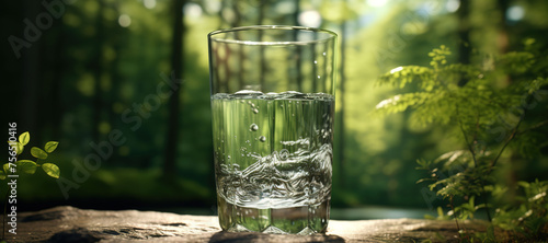 fresh clear mineral water in a glass with forest background 130