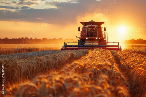 At sunset, a powerful harvester gracefully harvests a field of golden wheat. Warm tones illuminate the scene, capturing the essence of agricultural productivity and the beauty of the harvest. Agricult