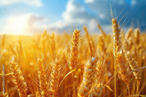 A field of golden wheat with a bright sun shining through the clouds. The sky is blue with a few clouds scattered throughout. Scene is peaceful and serene, with the sun providing a warm