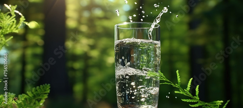 fresh clear mineral water in a glass with forest background 128