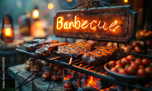 Fototapeta Naklejka Na Ścianę i Meble -  Sizzling Grilled Steaks and Meats on Barbecue with Barbecue Day in Glowing Neon Script Amidst an Inviting Ambiance with Smoky Flavors