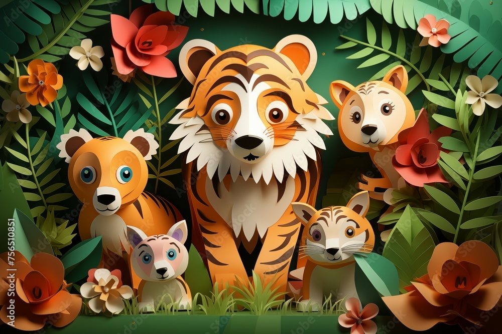 Fototapeta premium Tigers and wild animals in the forest from paper cut out effect in bright tone