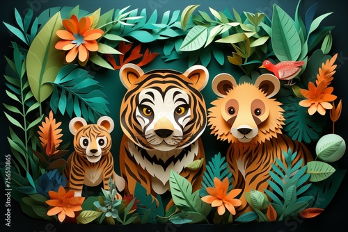 Tigers in the forest from paper cut out effect in bright tone