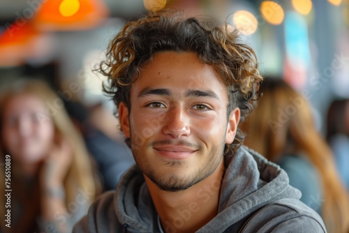 A young man with curly hair and a warm, engaging smile, seated in a cafe with soft bokeh lights that create an inviting and relaxed ambiance