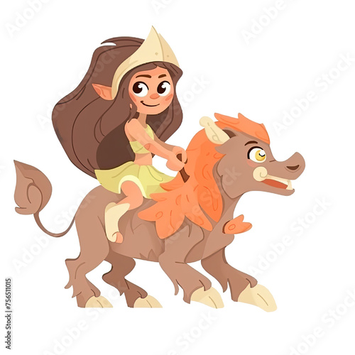 An illustration of a young girl riding a chimera