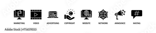 Blogger banner web icon set vector illustration concept with icon of marketing, video, advertising, copyright, website, network, announce, hashtag
