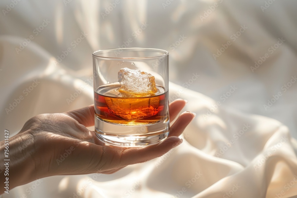 Elegant hand holding a Sazerac cocktail against a white silky backdrop Elegant hand holding a Sazerac cocktail against a white silky backdrop