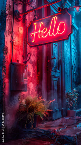 Warm neon Hello sign glowing in cursive red light against a rustic metal backdrop, invoking a welcoming and friendly atmosphere in a casual setting