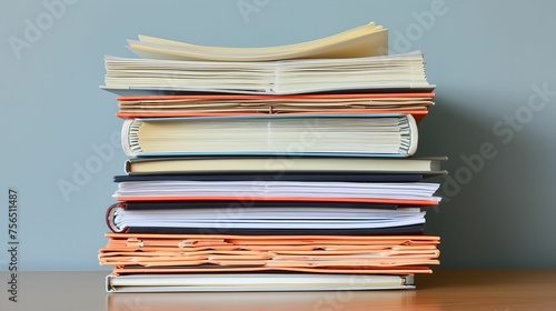 Stack of Books and Papers in Clean Office, desk, minimalist, work environment, simple