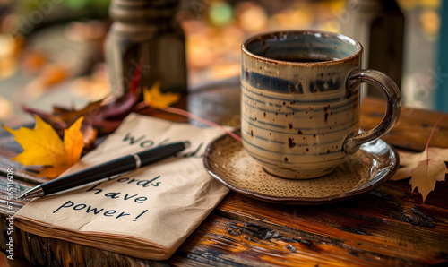 Inspirational message Words have power! written on a napkin beside a pen and coffee mug on a rustic wooden table, evoking creative writing photo