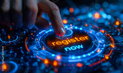 Businessperson interacting with a digital interface pressing a register now button, symbolizing online registration and modern technology engagement