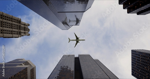 Bottom view of a passenger long-haul aircraft liner flying over skyscrapers in the business center of a large city. Reflections of the plane in the windows of buildings on a sunny day. Travel concept.
