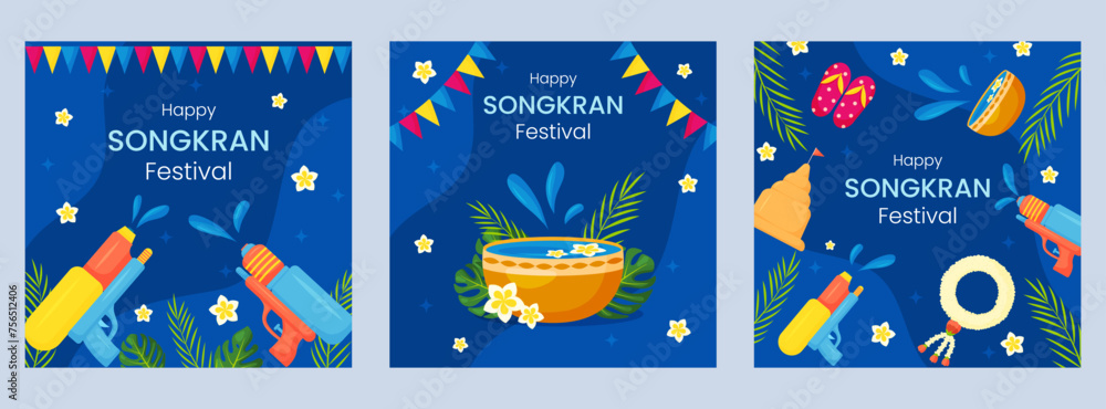 Vector Songkran water festival of Thailand greeting card banner. Tropical flowers, leaves, water guns on blue background. Square invitation, flyer, brochure, poster for event