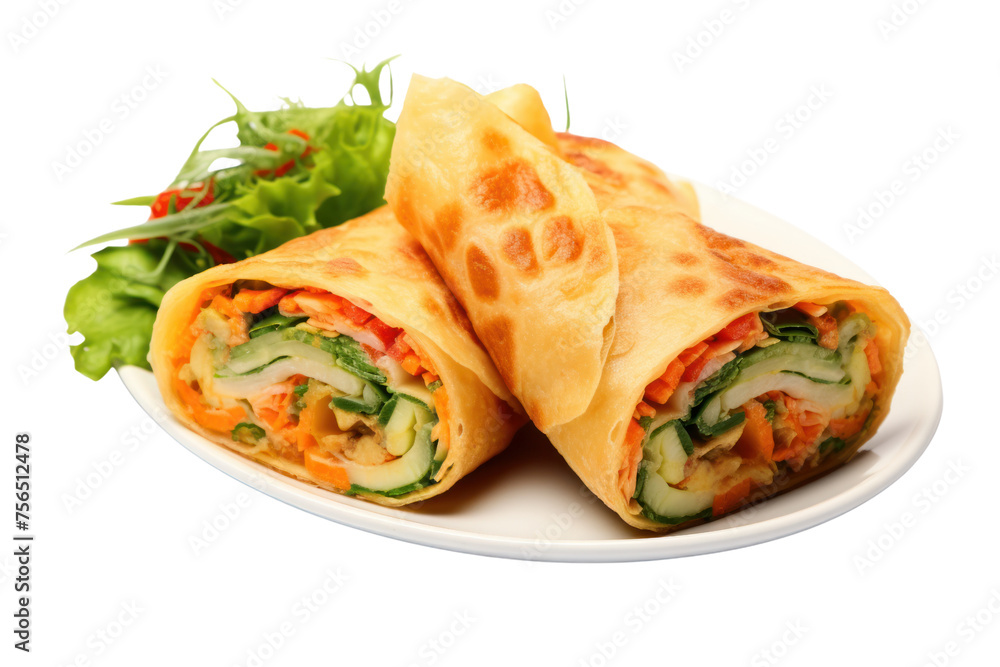 Omelet rolled into a roll and stuffed with vegetables such as carrots, cucumbers and lettuce, cut into pieces, Isolated on a transparent background.