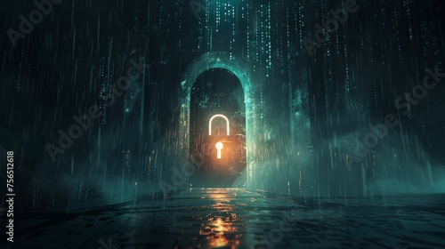 a glowing cyber security lock symbol stands out in a neon red hue against the backdrop of a dark, gothic arch, creating a sense of mystery and digital security.
