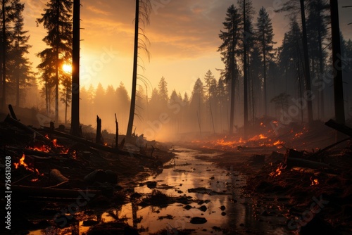 A stark image of a forest ravaged by a recent wildfire. Charred trees and blackened earth dominate the landscape, portraying the aftermath of a devastating natural disaster. photo