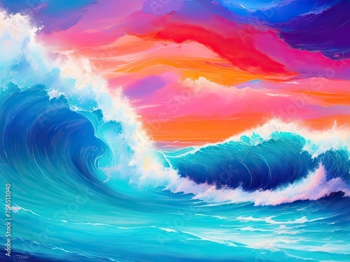 Abstract ocean wave and colorful sky background. style of oil painting.