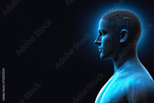 Virtual Digital head of Artificial Intelligence (AI). deep learning concept. Hologram. Head silhouette hologram on black background, copy space banner