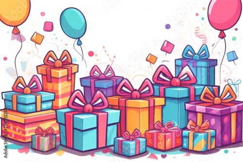 A birthday postcard illustration colour frame. 2/3 place for text, made from lot of birthday gift boxes and balloons of different colors. free space for inscriptions.