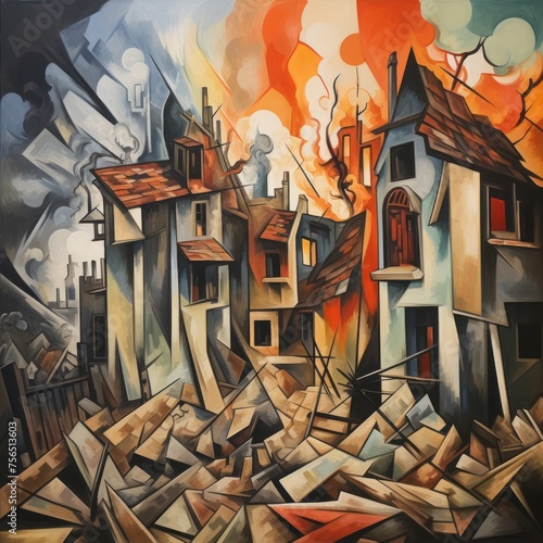 Cubist artwork capturing the essence of urban chaos and destruction