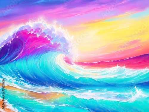 Abstract ocean wave and colorful sky background. style of oil painting.