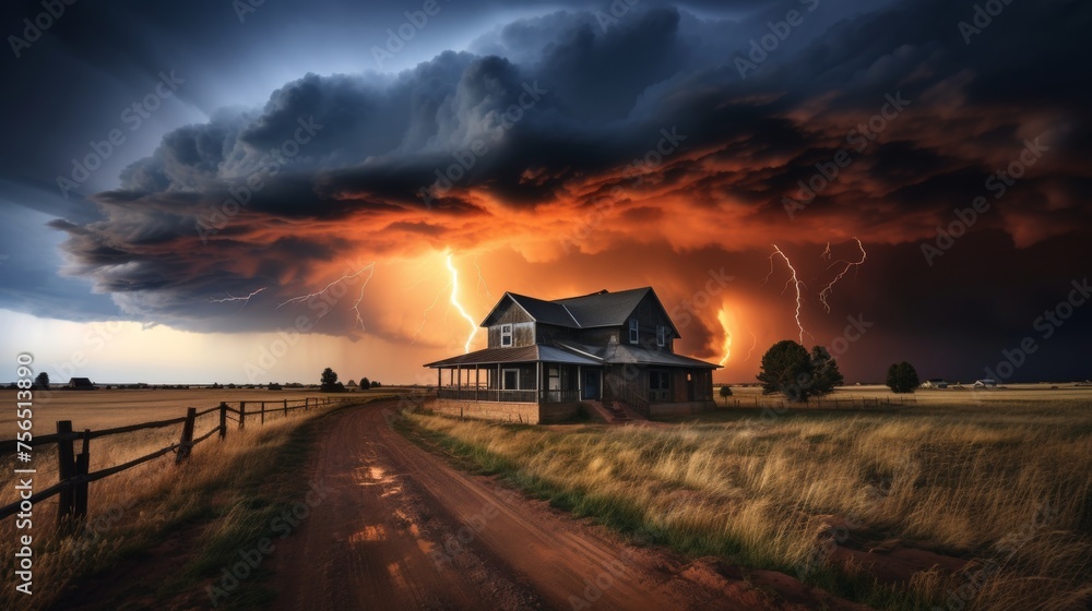Fototapeta premium Approaching tornado. dark clouds on serene landscape, ominous sky and swirling clouds in sight