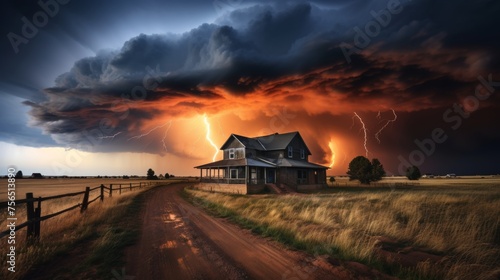 Approaching tornado. dark clouds on serene landscape, ominous sky and swirling clouds in sight