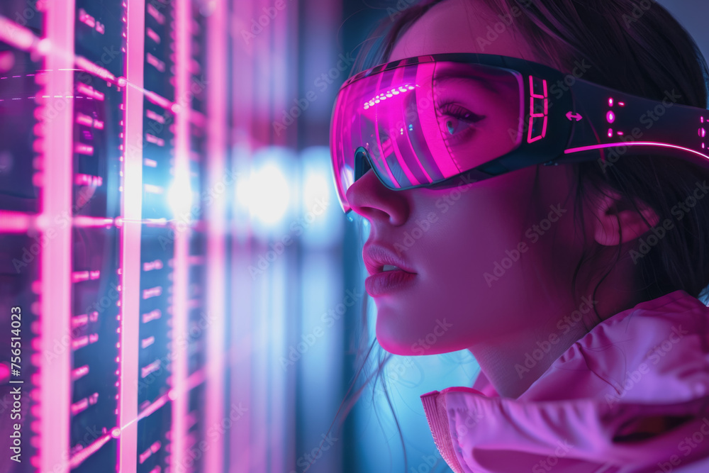 futuristic online shopping technology, females wear visual with pink neon backlights, buying online. futuristic online shopping technology, females wear visual with pink neon backlights, buying online.