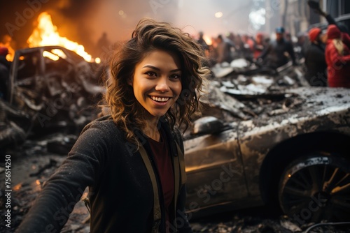 A young woman compulsively takes a selfie in front of a tragic car accident, highlighting the concerning issue of social media addiction.  photo