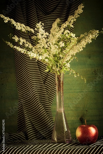 Floral still life - branches of blossoming bird cherry and an apple on a green background