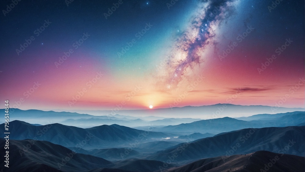 A Breathtaking View of a Sunset Amidst the Majestic Mountains, Illuminated by the Ethereal Glow of the Milky Way, Capturing the Essence of Nature's Beauty.