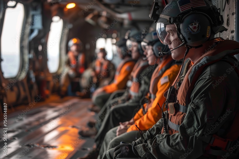 Military personnel in helicopter during combat readiness drill